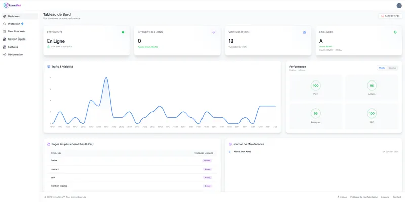 Interface du Hub ImmuCore : Tableau de bord de performance et sécurité