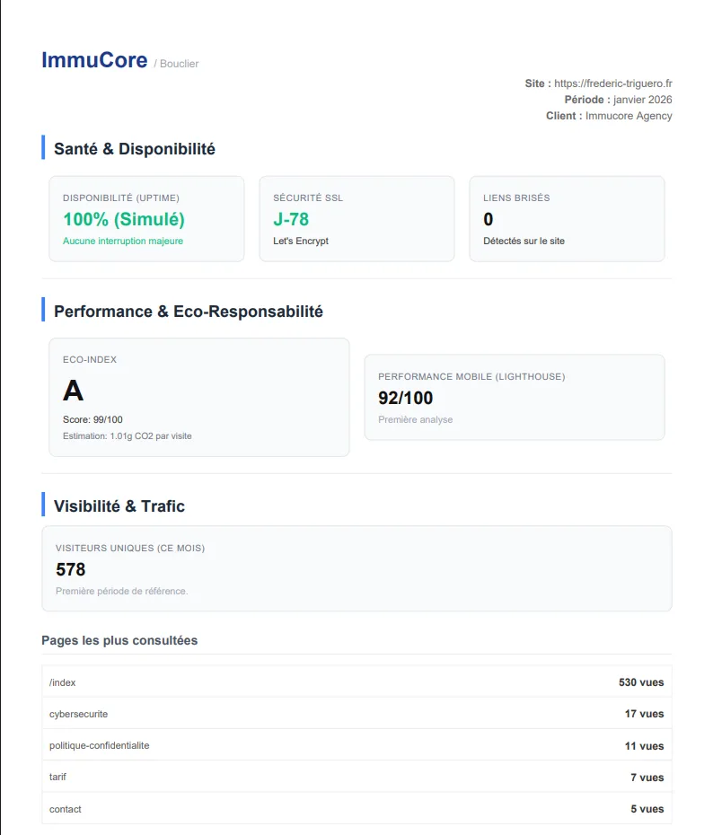 Exemple de Rapport Mensuel ImmuCore : Santé, Performance et Sécurité